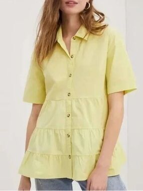 Anthropologie Yellow Tiered Short-Sleeve Button-Down Top